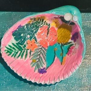 Hand Crafted Vibrant Floral Shell Art - Pink and Teal